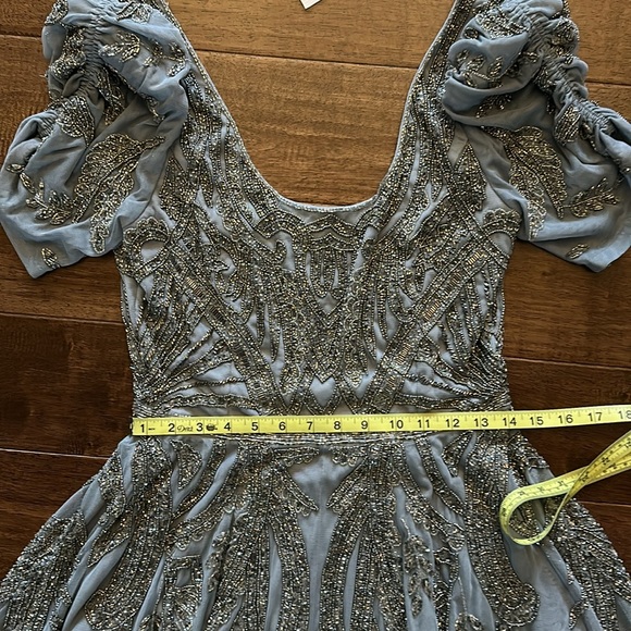 Mac Duggal 5434 Short Sleeve Silver Slate Blue Beaded Tea Length Dress Sz 8 NWT - Picture 13 of 14